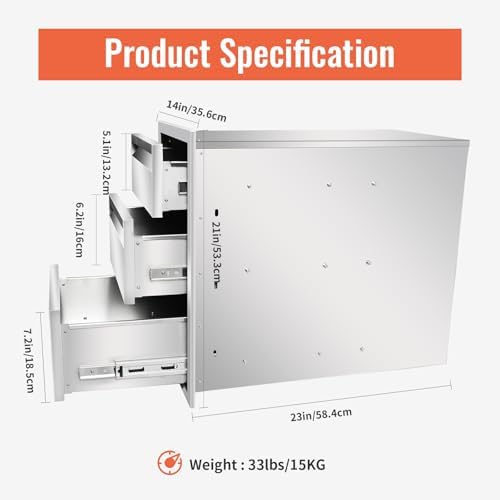 Outdoor Kitchen Drawers Stainless Steel Triple BBQ Drawers Built-in Drawer 14"" W x 21"" H x 23"" D for Outdoor Kitchen Island Patio Grill Station (14" W x 21" H x 23" D) - Image 4