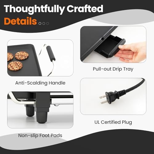 MAT EXPERT 27" Electric Griddle, Nonstick Countertop BBQ Grill with 4-Level Adjustable Temperature, Insulated Handles & Drip Tray, Indoor Outdoor Tabletop BBQ Grill for Party, Camping & Gathering, 27" - Image 2