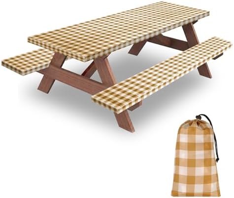 6ft 72in Picnic Table and Bench Cover, 3 Pack, Coffee Checkered by KENOBEE