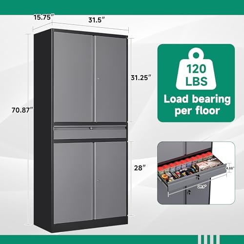 Letaya Metal Garage Storage Cabinet with Drawer,4 Door Tool Cabinet with Lock-2 Adjustable Shelves for Garage Home Office Utility Room (Black & Gray) - Image 3