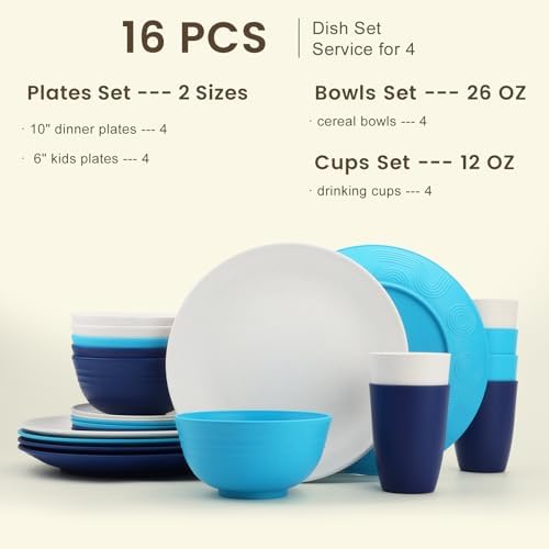 Homienly Premium Wheat Straw Dinnerware Sets, Plates and Bowls Sets,Cups,Alternative to Plastic Plates Service for 4, Dishwasher and Microwave Safe 16 PCS Dish Sets for Home,Camping - Island - Image 2