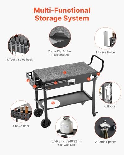 VEVOR Outdoor Grill Cart, 31.0 x 17.0 inch Tabletop Size Grilling Table, Foldable Outdoor Cooking Table with Tissue Holder, Wheels, Magnetic Tool Rack, BBQ Prep Tables for Picnic, Kitchen, Courtyard - Image 6