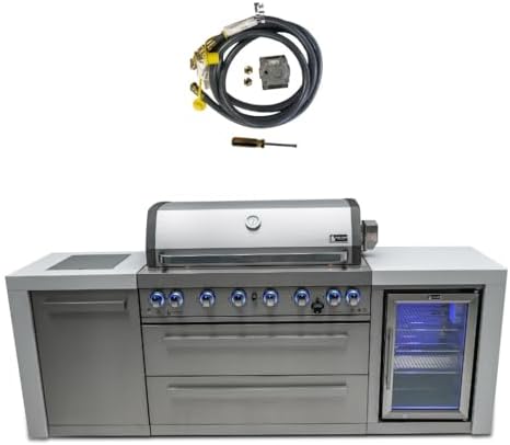 Mont Alpi MAi805-DFC-NG 6-Burner 115000 BTU Deluxe Stainless Steel Modular Outdoor Kitchen Island Grill with MANGK Natural Gas Conversion Kit + Fridge Cabinet, Granite Countertops & 2 Infrared Burners by MontAlpi