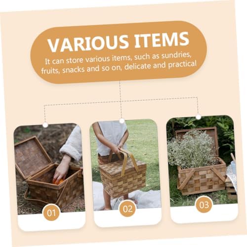 Wooden Woven Picnic Basket for Outdoor Snacks Storage with Handle - Image 3