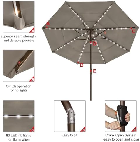 EliteShade USA 10-Year-Non-Fading 9ft 3-Tier Market Patio Umbrella, Commercial Table Umbrella with 80 Solar LED Lights, Crank Open, Windproof & UPF 50+ UV Protection for Garden, Deck, Pool, Backyard, Taupe - Image 5