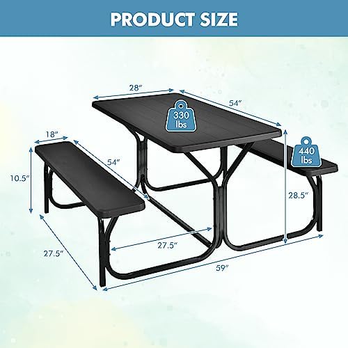 ORALNER Picnic Table, Resin Dining Table & 2 Benches Set, Weather Resistant Wood Grain Tabletop & Steel Frame, Plastic Picnic Tables for Outdoors, Porch Yard Patio Lawn Party Camping (Black) - Image 4