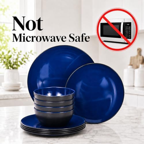 TP 12-Piece Melamine Dinnerware Sets, Service for 4, Black&Blue - Image 2