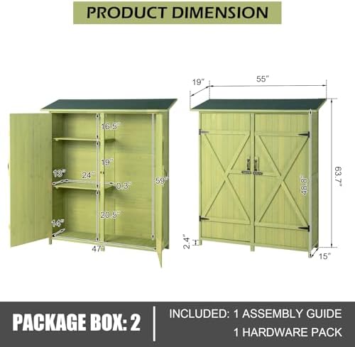 Outvita Outdoor Storage Cabinet with Waterproof Roof, Double Lockable Doors Garden Shed with 2 Removable Shelves, Wooden Storage Shed with Large Storage Space for Yard Garge Patio Deck Porch（Green） - Image 6