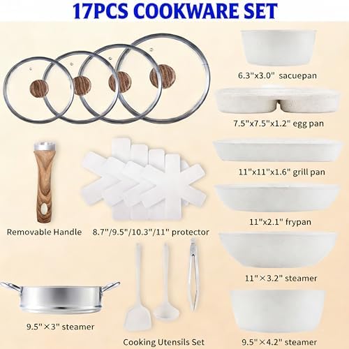 Simple Deluxe 17Pcs Ceramic Cookware Set, Nonstick & Non-Toxic Healthy Pots and Pans, Heat-Resistant Handles, Induction Cookware Sets with Frying Pans, Beige - Image 6