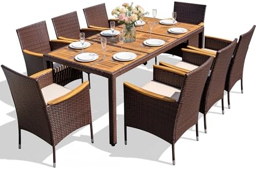 Devoko 9 PCS Acacia Wood Patio Dining Set, Brown Rattan - Image 7