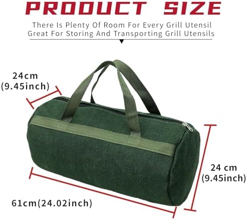 Grill Accessory Storage Bag, 24"" Extra Thick Canvas Grill Utensil Storage Bag, Double Zipper Grill Tool Storage Bag, BBQ Tool Storage Bag Carry Bag for Camping Hiking Barbecue, Dark Green - Image 2