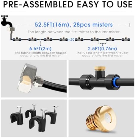 Misting Cooling System 59FT (18M) Misting Line + 26 Brass Mist Nozzles + 28 Brass Adapter(3/4") Outdoor Mister for Patio Garden Greenhouse Trampoline for Waterpark - Image 3