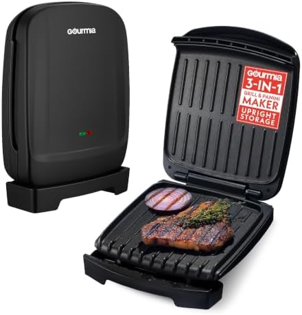 Gourmia Indoor Grill & Panini Maker – 4 Serving Contact or Open Grill, Nonstick Ceramic, Preheat Indicator Light, Slope Design with Removable Dishwasher Safe Drip Tray by Gourmia