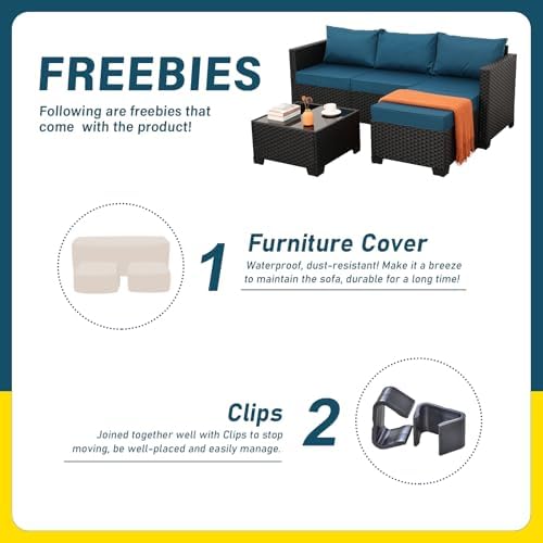 Oasishine 3 Pieces Patio Furniture Set Outdoor Sectional Wicker Patio Furniture Patio Couch with Ottoman and Outdoor Glass Table Weathering Anti-Slip Cushions Waterproof Covers, Peacock Blue - Image 7