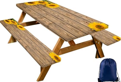 CAPSCEOLL Picnic Table Cover with Bench Covers 6ft - Wooden Sunflowers by CAPSCEOLL