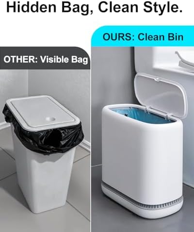 2.3 Gallon Slim Small Bathroom Trash Can with Lid, White Dog Proof Garbage Can with Air-Press Bag Expander & Removable Bucket, Narrow Bathroom Waste Basket for Bedroom, Office, Dorm - Image 6