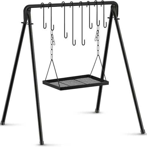 Rossesay Grill Swing Campfire Stand Campfire Cooking Equipment Adjustable Camping Accessories Cookware Hanging Rack with 8 Hooks and Portable Grill Stand for BBQ Picnic Outdoor Party by Rossesay
