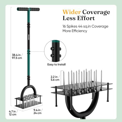 Grenebo Lawn Aerator Manual Aerator Lawn Tool with 16 Spikes, Black - Image 2