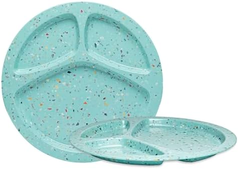bzyoo 11-Inch Divided Plates Set of 2, 100% Melamine Portion Control Plates for Adults & Kids, Modern Confetti Pattern, BPA-Free & Dishwasher Safe, Ideal for Camping, RV, and Daily Use (Green) by bzyoo