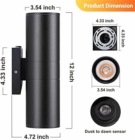 DAKAFUL Dusk to Dawn Outdoor Lighting Sensor Wall Lights 6 Packs, 12W 2700K Integrated LED Cylinder Up Down Lights Outdoor, IP65 Waterproof Aluminum Wall Sconce Exterior Wall Light for Porch Patio. - Image 4