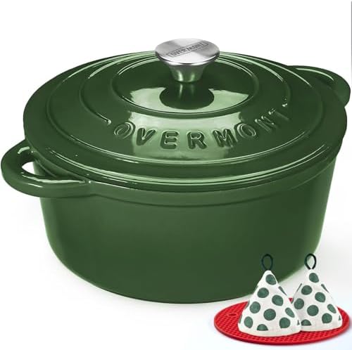 Overmont Enameled Cast Iron Dutch Oven - 5.5QT Pot with Lid Cookbook & Cotton Potholders - Heavy-Duty Cookware for Braising, Stews, Roasting, Sourdough Baking Glossy Green by Overmont