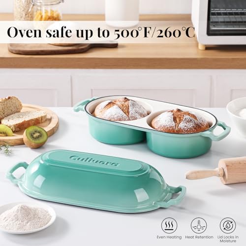 Cast Iron Bread Pan with Lid, Mini Enamel Sourdough Baking Dutch Oven Pot, Double Round Loaf Space for Homemade, Bread, Cake, Meatloaf, 16.5cm Diameter, 500°F Oven Safe, Non Stick, Green - Image 4