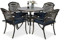 VIVIJASON 5-Piece Patio Furniture Dining Set, All-Weather Cast Aluminum Outdoor Conversation Set, Include 4 Cushioned Chairs and a 35.4" Round Table w/Umbrella Hole, Navy Blue Cushion by VIVIJASON