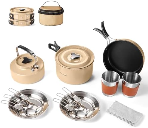 Odoland 19pcs Camping Cookware Mess Kit, Non-Stick Pot Pan Kettle Set for 2 by Odoland