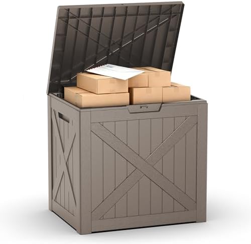 PatioZen 32 Gallon Package Delivery Box, Waterproof Outdoor Package Delivery Box with Lid, UV-Resistant Resin Storage Bench for Patio Furniture, Garden Tools, Cushions, Pool Accessories(Grey) by OutdoorLivingPerfected
