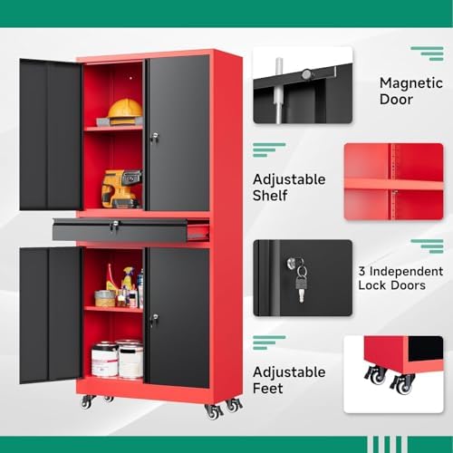 Letaya Metal Garage Storage Cabinet with Wheels,Rolling Tool Cabinet with Adjustable Shelves and Drawer for Garage Home Utility Room (Red) - Image 4
