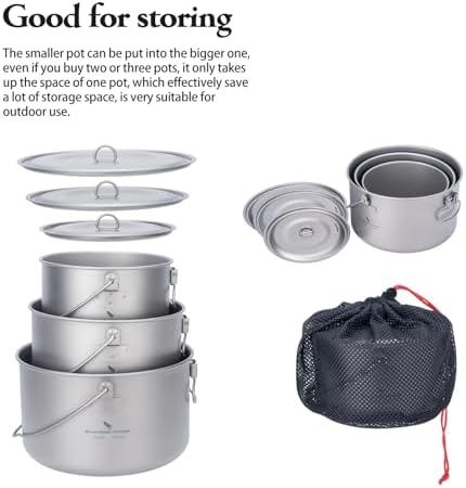 iBasingo Titanium Camping Hanging Pots Set 3PC Backpacking Cookware Ti2056C - Image 3