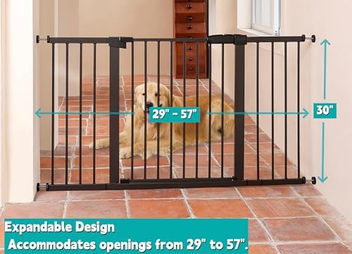 55.98"-58.15" Baby and Pet Safety Gate, 30" Tall Metal Walk-Thru Gate for Doorways & Stairs, Easy One-Hand Open, Dual Lock, Extensions & Wall Mounts Included (Black, 29"-57" W x 30.5“H) - Image 2