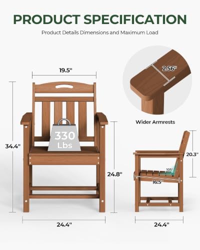 HDPE Outdoor Patio Dining Chairs with Wide Seat, Oversized, Teak - Image 3