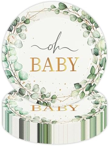 50 PCS Eucalyptus Baby Shower Paper Plates, 7Inch Greenery Oh Baby Dessert Plate Party Supplies Disposable Tableware Sets for Boys or Girls Gender Reveal Shower Party Decorations Favors by Unknown