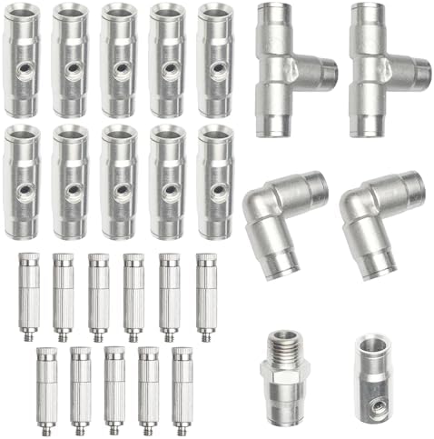 Brass Patio Misting Kit – 11pcs Brass Micro-Nozzles & 16pcs 3/8″ Slip Connectors for Outdoor Cooling (UNC 10/24, 0.012″ Precision Orifice, 15-280 psi) by TLTOOLEGIN