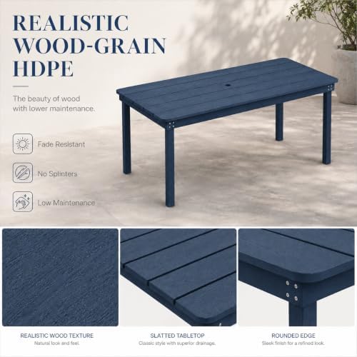 64" Rectangular Outdoor Dining Table, All-Weather HDPE Patio Table for 6-8 Person, Large Composite Wood Furniture with Umbrella Hole for Backyard Deck Garden Poolside, Navy Blue - Image 5
