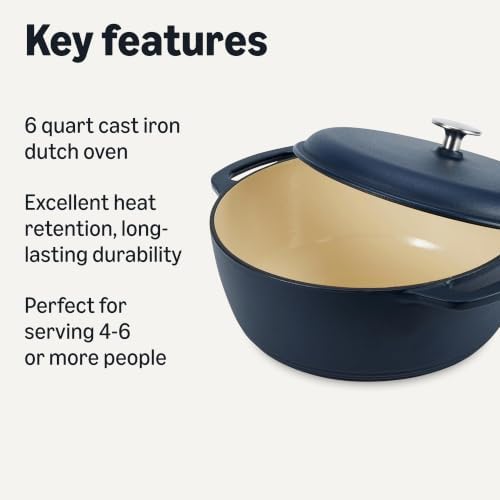 Amazon Basics Enameled Cast Iron Dutch Oven Pot With Lid, 6-Quart, Round, Dual Handles, Heavy-Duty, Oven Safe for Stews, Roasting & Baking, Matte Navy - Image 2