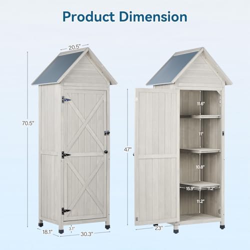 Narrow Outdoor Storage Cabinet, 67" Wooden Vertical Garden Tools Shed, Patio Storage Organizer with Latch & Waterproof Roof for Yard Deck Lawn Farmland Equipment(Gray) - Image 4