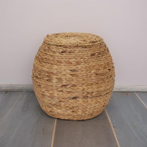 Household Essentials Round Handwoven Water Hyacinth Barrel Wicker Storage Basket Side Table, Natural Finish - Image 5