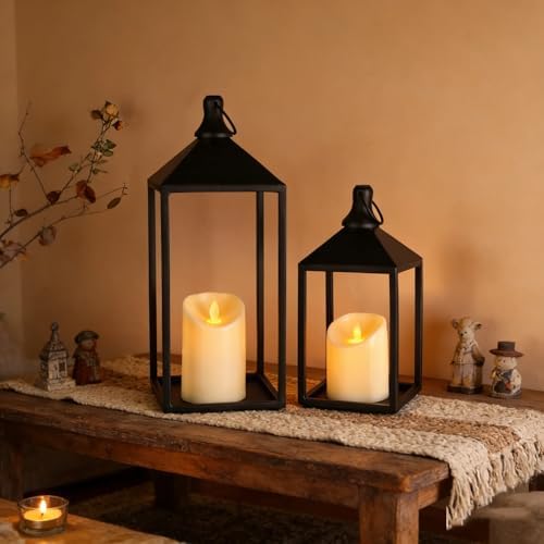 2 Pcs Black Decorative Metal Lanterns Farmhouse Lantern Decor with Candles - Image 5