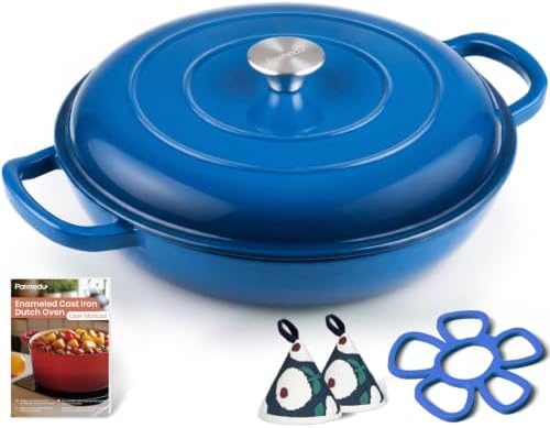 Parmedu Cast Iron Dutch Oven, 3.8 Quart, Blue, Shallow Braiser & Casserole by Parmedu