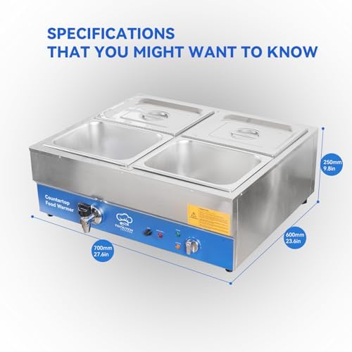 TOPKITCH ETL Listed 4 Pan Commercial Food Warmer,Electric Countertop Bain Marie Stainless Steel Buffet Steam Table for Catering and Restaurants(4×1/2 GN Pan,120V/1700 Watts - Image 6