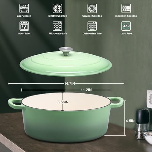Leonyo 7QT Enameled Cast Iron Oval Dutch Oven Pot with Lid, Pistachio Green - Image 2