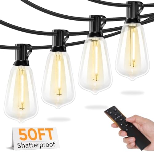 Brightever 50FT Outdoor String Lights with Remote, LED String Lights for Outside with 16 Shatterproof ST38 Vintage Edison Bulbs, 3 Modes 2 Timer Dimmable Outside Lighting for Patio, Gazebo, Deck, Yard by Brightever
