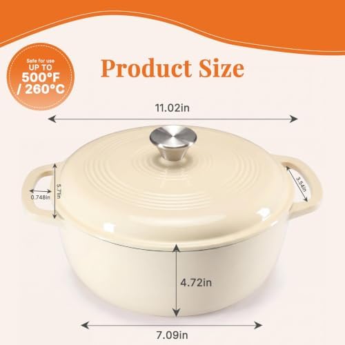 NEWBULIG 6 Quart Cast Iron Dutch Oven, Enamel Dutch Oven Pot with Lid Beige - Image 2