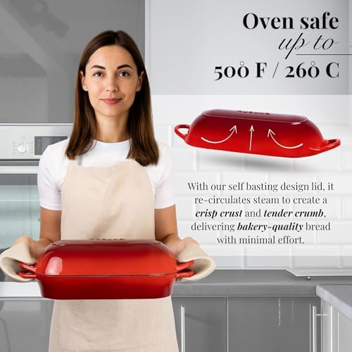 Enamelled Cast Iron Bread Loaf Pot – Dutch Oven For Sourdough Bread Baking – Oven Safe Non Stick Bread Pot – Rectangular, Red, 34cm x 16cm – by Nuovva - Image 3