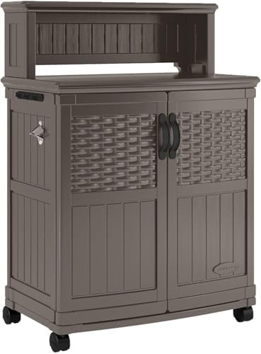 Suncast Patio Plastic Storage and Prep Station with Decorative Wicker Pattern and Multi Wall Panels for Patio, Garden, and Lawn Use, Stoney Gray by Unknown