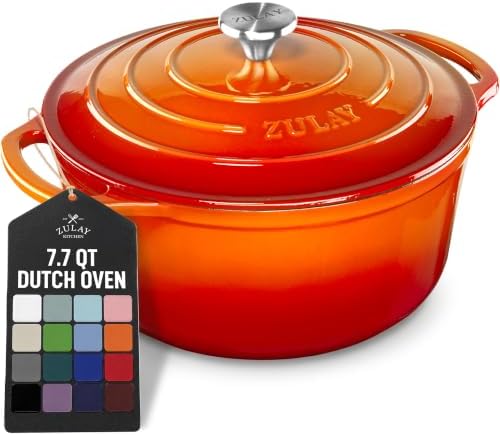 Zulay Kitchen 7.7 Quart Enameled Cast Iron Dutch Oven Pot with Lid – Premium Durability & Oven Safe up to 500°F – Heavy Duty Cookware Perfect for Bread Baking, Stews, Braising & Roasting – Orange by ZulayKitchen