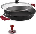 Cuisinel Cast Iron Skillet + Glass Lid + Red Chainmail Scrubber - 15"-Inch Dual Handle Braiser Frying Pan + Silicone Handle Covers - Pre-Seasoned Oven Cookware - Indoor/Outdoor. PFAS and PFOA-free by Cuisinel