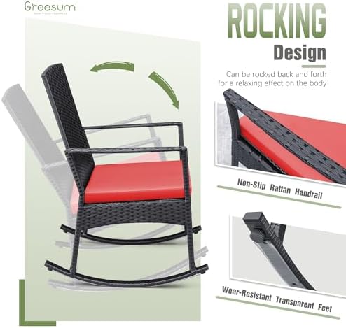 Greesum 3 Pieces Patio Furniture Set Outdoor Wicker Rocking Chairs,Red - Image 4